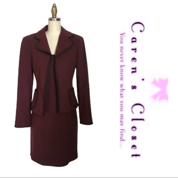 Nanette Lenore Burgundy & Black Whip Stitched Sleeveless Sheath Dress & Blazer. - Picture 2 of 6